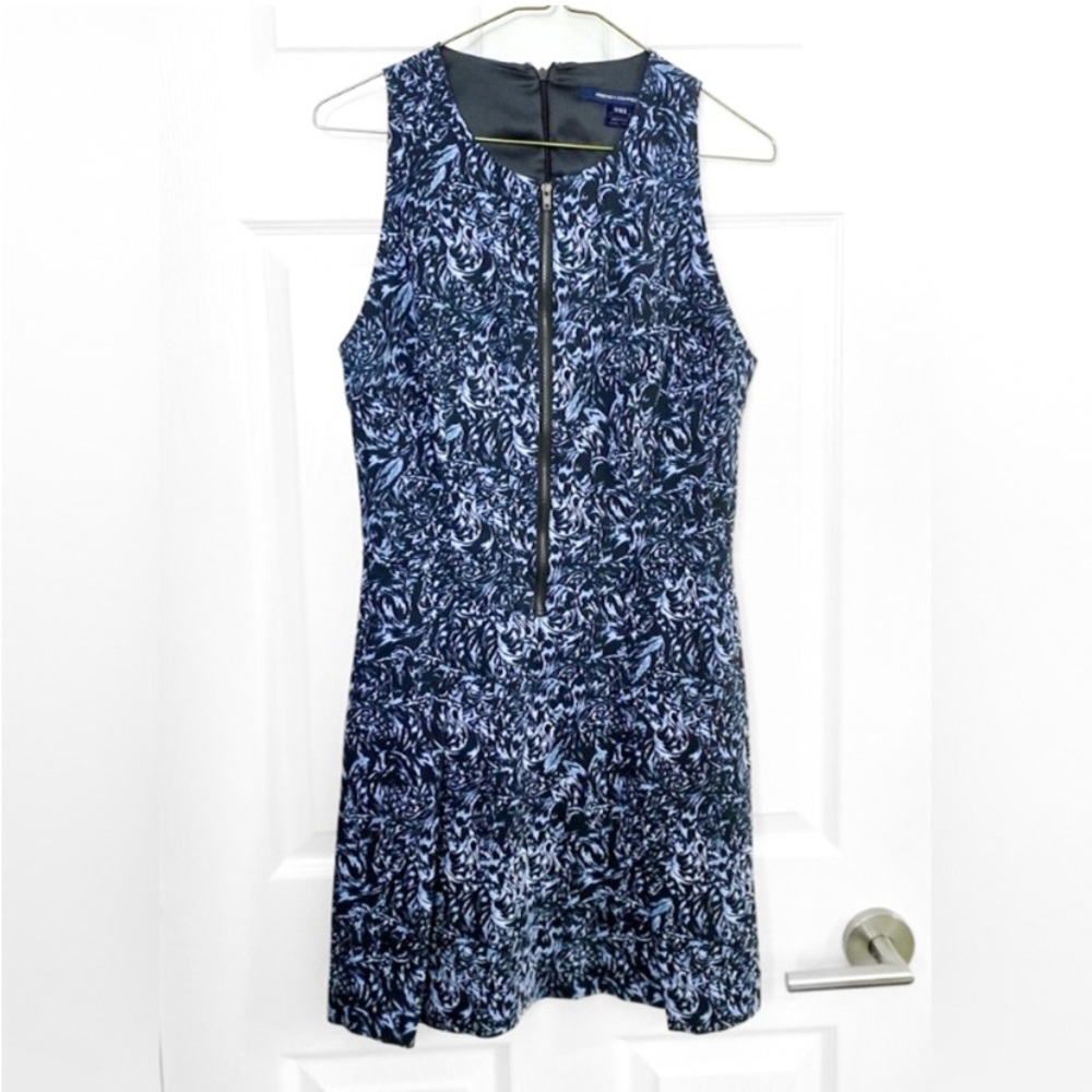 French Connection Racer Back Navy & Blue Swirl Mini Dress w/ Front Zipper Detail